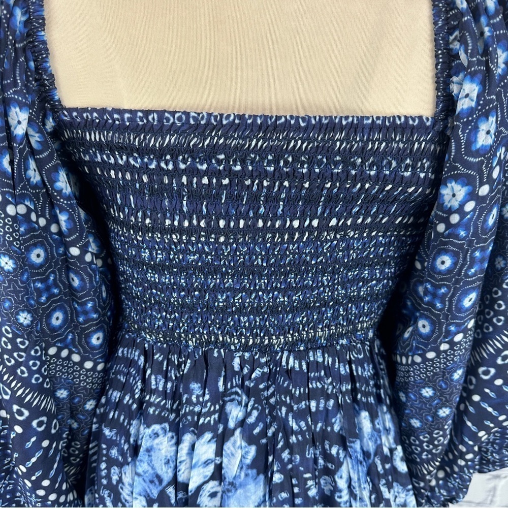 Hale Bob Ilona Silk Chiffon Maxi Dress Floral Small Navy Smocked Puff Sleeve - Picture 9 of 16